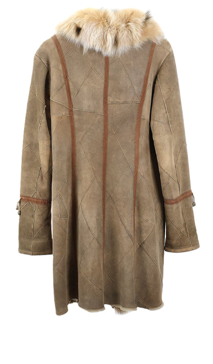 PRE-OWNED DISTRESSED TAN SHEARLING LAMB COAT W/ DYED LYNX TRIM & WING COLLAR