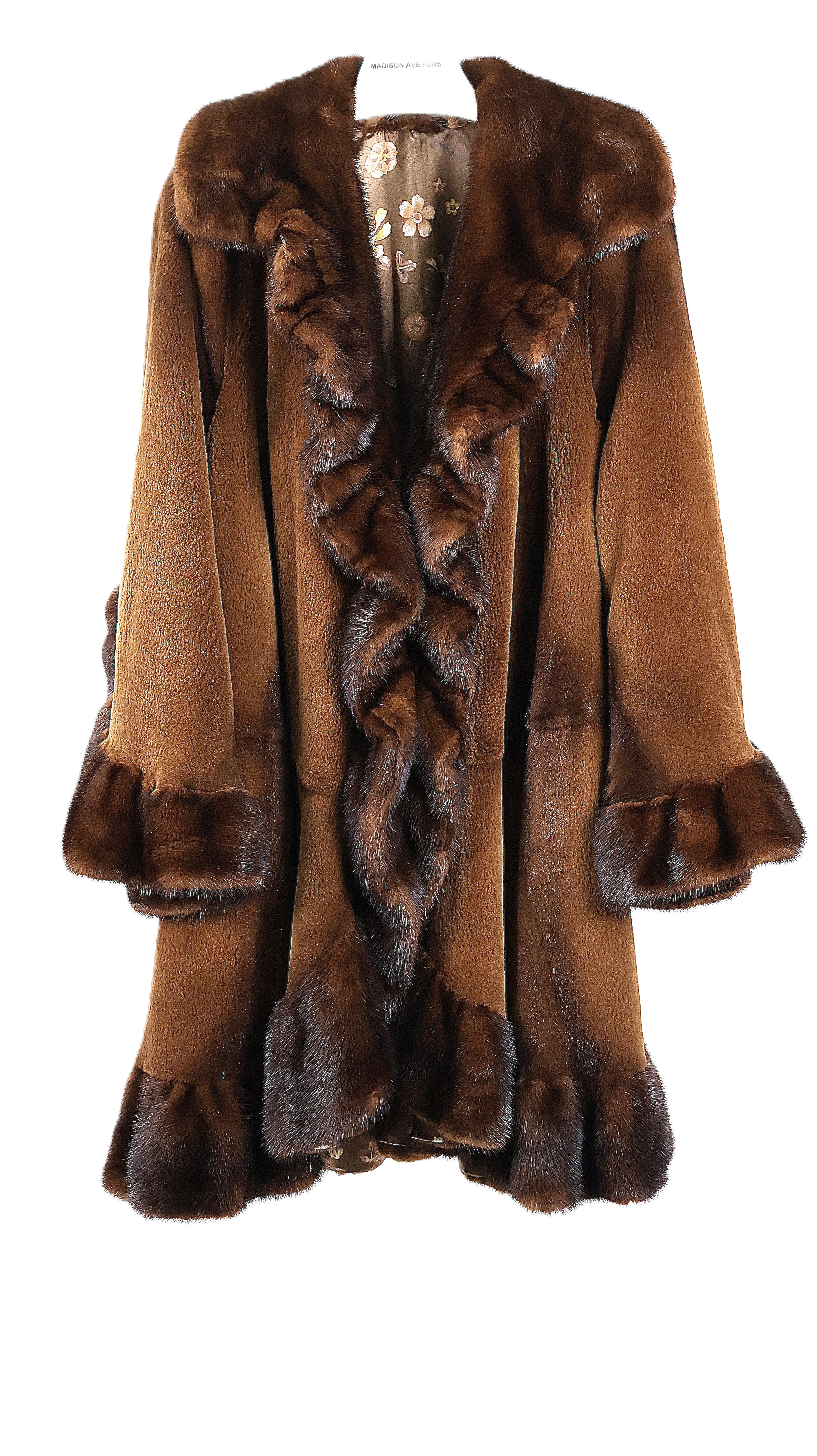 PRE-OWNED COGNAC DYED SHEARED MINK 7/8 SWING W/ LONG HAIR MINK RUFFLED COLLAR, HEM & CUFFS