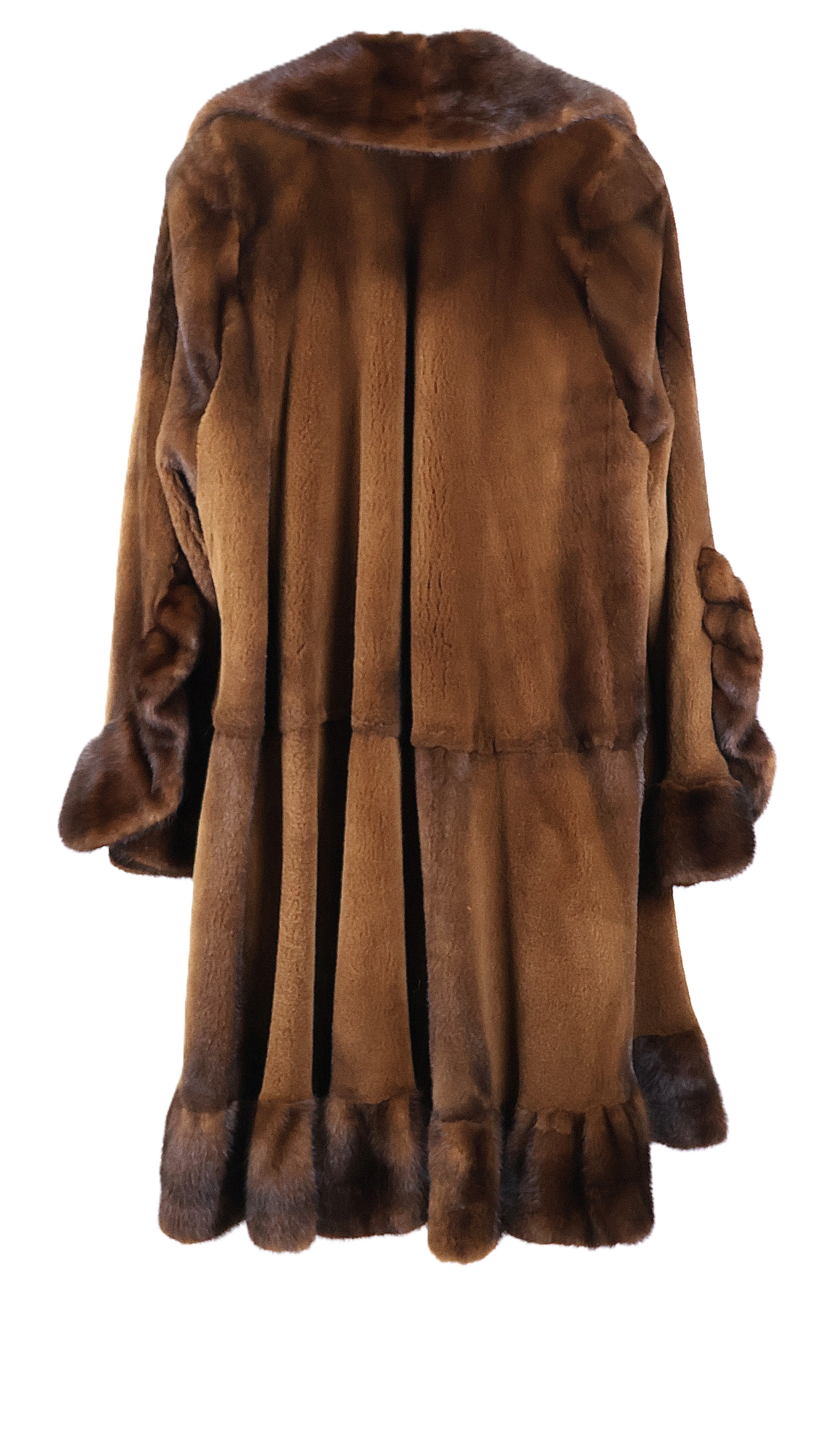 PRE-OWNED COGNAC DYED SHEARED MINK 7/8 SWING W/ LONG HAIR MINK RUFFLED COLLAR, HEM & CUFFS