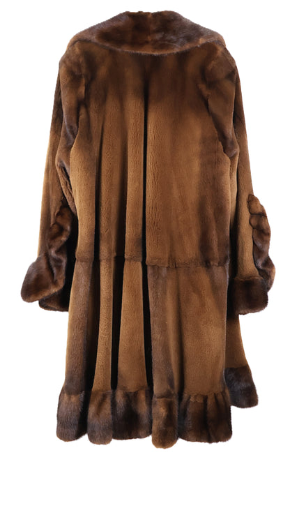 PRE-OWNED COGNAC DYED SHEARED MINK 7/8 SWING W/ LONG HAIR MINK RUFFLED COLLAR, HEM & CUFFS
