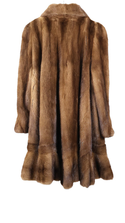 PRE-OWNED NATURAL DEMI BUFF MINK DIRECTIONAL SWING W/ WING COLLAR RUFFLED HEM & BELL SLEEVES
