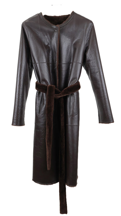 NEW BROWN DYED REVERSIBLE NAPPA SHEARLING COLLARLESS COAT W/ WRAP BELT