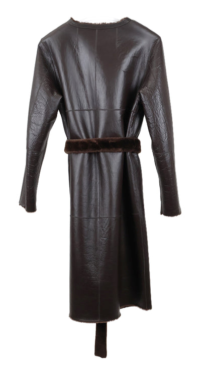 NEW BROWN DYED REVERSIBLE NAPPA SHEARLING COLLARLESS COAT W/ WRAP BELT