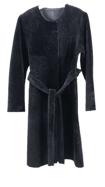 NEW BLACK DYED REVERSIBLE NAPA SHEARLING COLLARLESS COAT W/ WRAP BELT