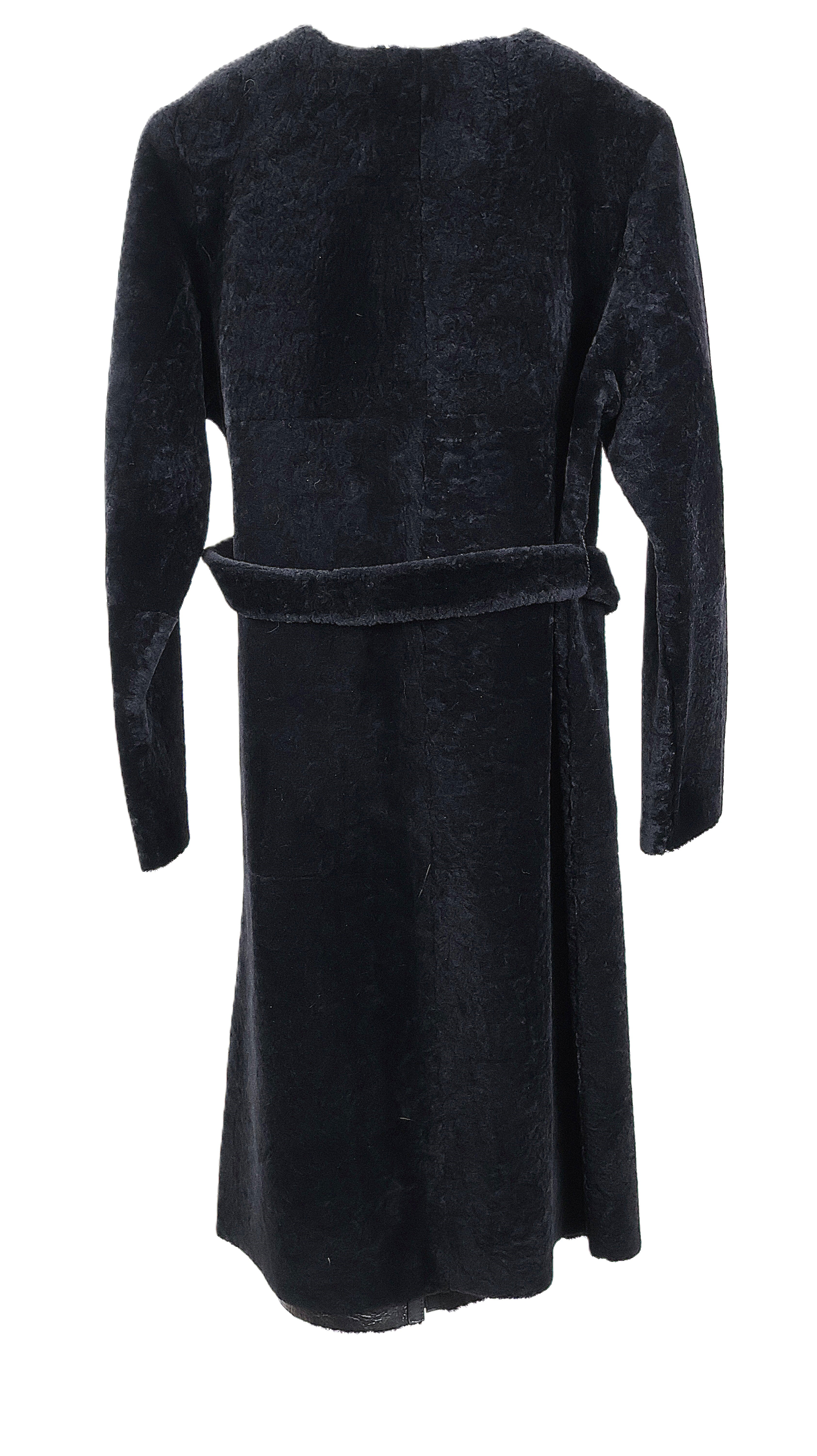 NEW BLACK DYED REVERSIBLE NAPA SHEARLING COLLARLESS COAT W/ WRAP BELT