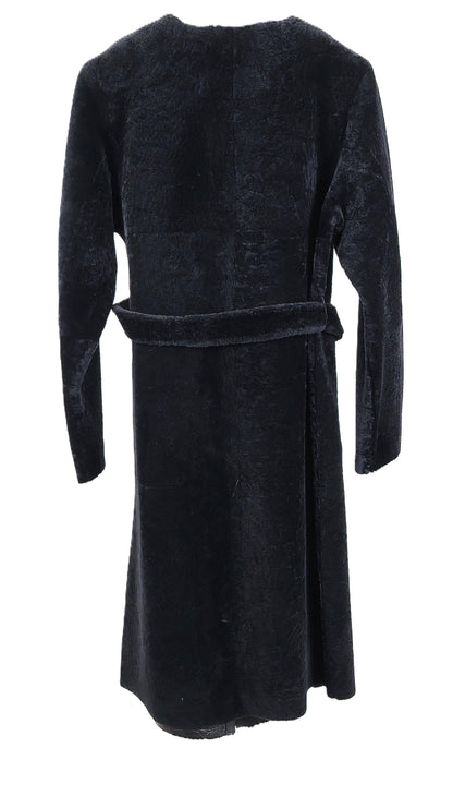 NEW BLACK DYED REVERSIBLE NAPA SHEARLING COLLARLESS COAT W/ WRAP BELT