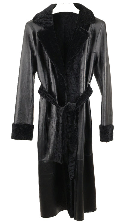 NEW BLACK DYED REVERSIBLE NAPA SHEARLING COAT W/ NOTCH COLLAR & WRAP BELT