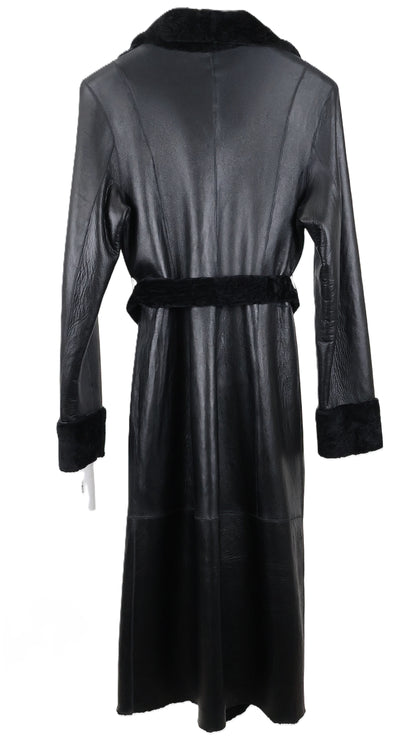 NEW BLACK DYED REVERSIBLE NAPA SHEARLING COAT W/ NOTCH COLLAR & WRAP BELT