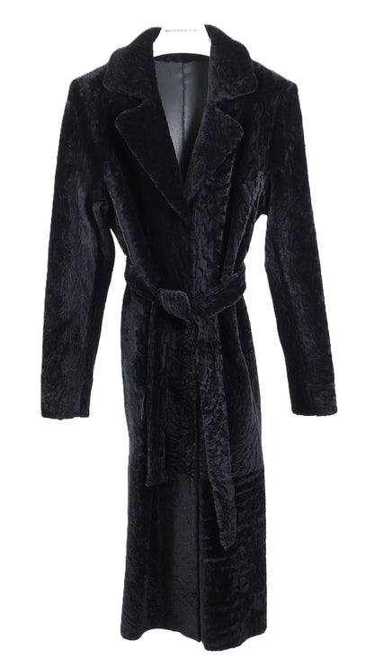 NEW BLACK DYED REVERSIBLE NAPA SHEARLING COAT W/ NOTCH COLLAR & WRAP BELT
