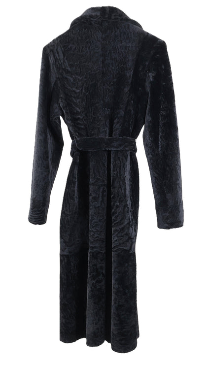 NEW BLACK DYED REVERSIBLE NAPA SHEARLING COAT W/ NOTCH COLLAR & WRAP BELT