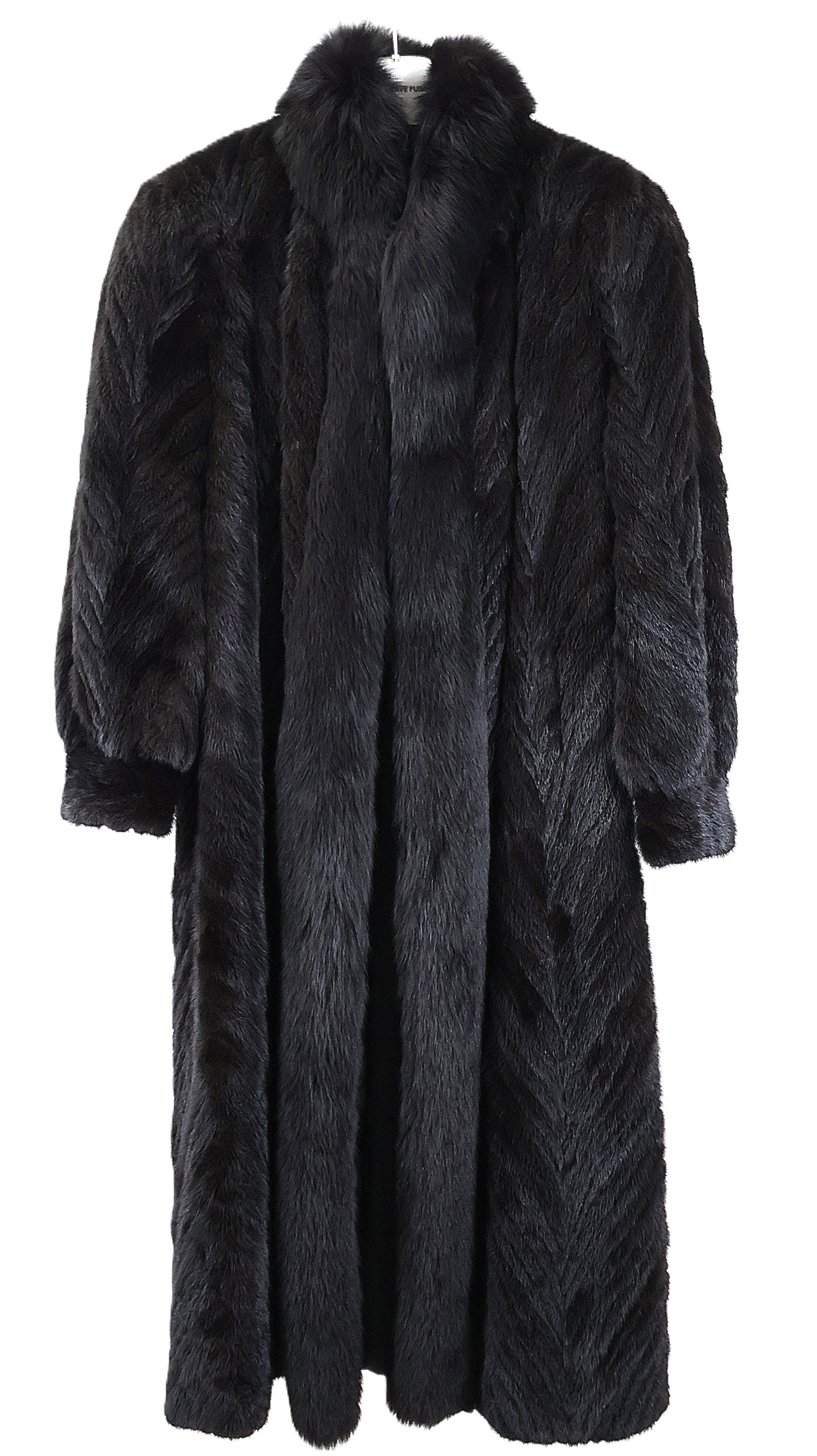 PRE-OWNED MAHOGANY MINK CHEVRON COAT W/ DYED FOX TUXEDO FRONTS & MINK BANDED CUFFS