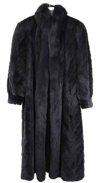 PRE-OWNED MAHOGANY MINK CHEVRON COAT W/ DYED FOX TUXEDO FRONTS & MINK BANDED CUFFS