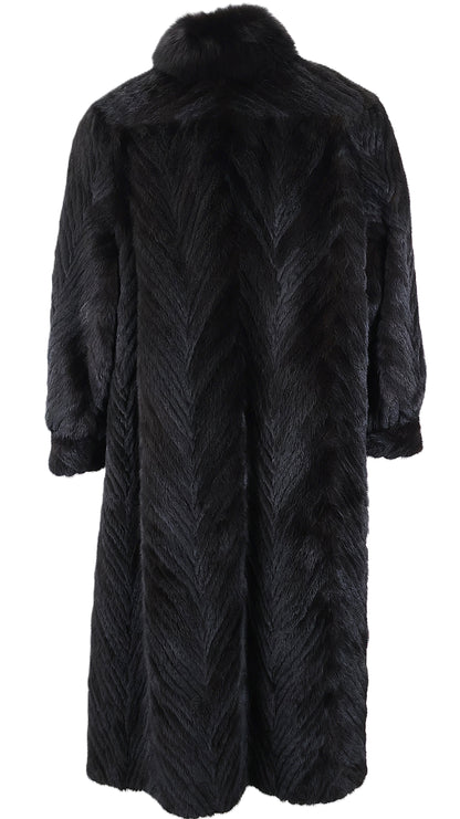 PRE-OWNED MAHOGANY MINK CHEVRON COAT W/ DYED FOX TUXEDO FRONTS & MINK BANDED CUFFS