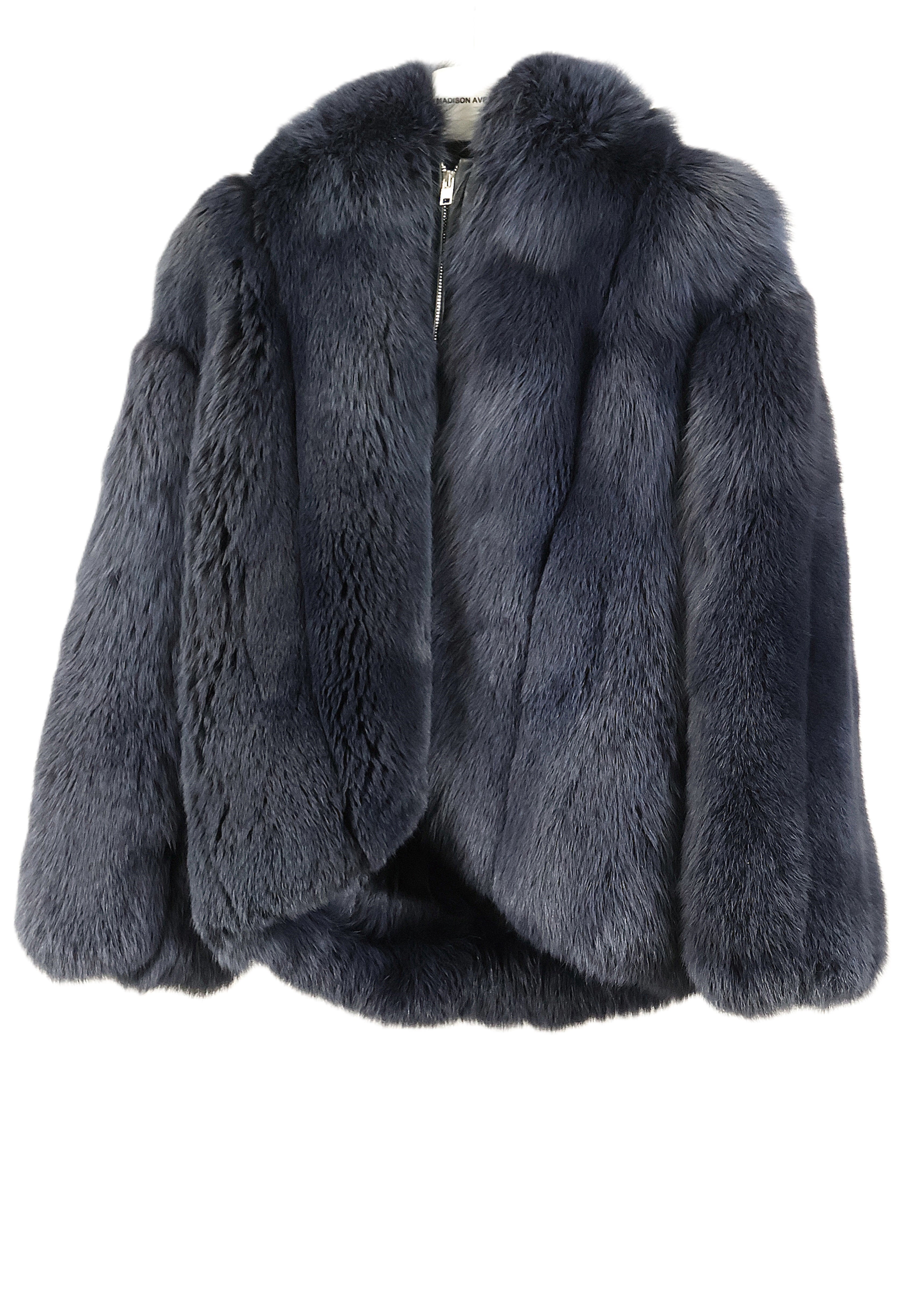 PRE-OWNED BLUE DYED FOX HOODED BOMBER JACKET W/ ZIPPER CLOSURE