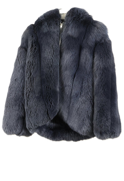 PRE-OWNED BLUE DYED FOX HOODED BOMBER JACKET W/ ZIPPER CLOSURE