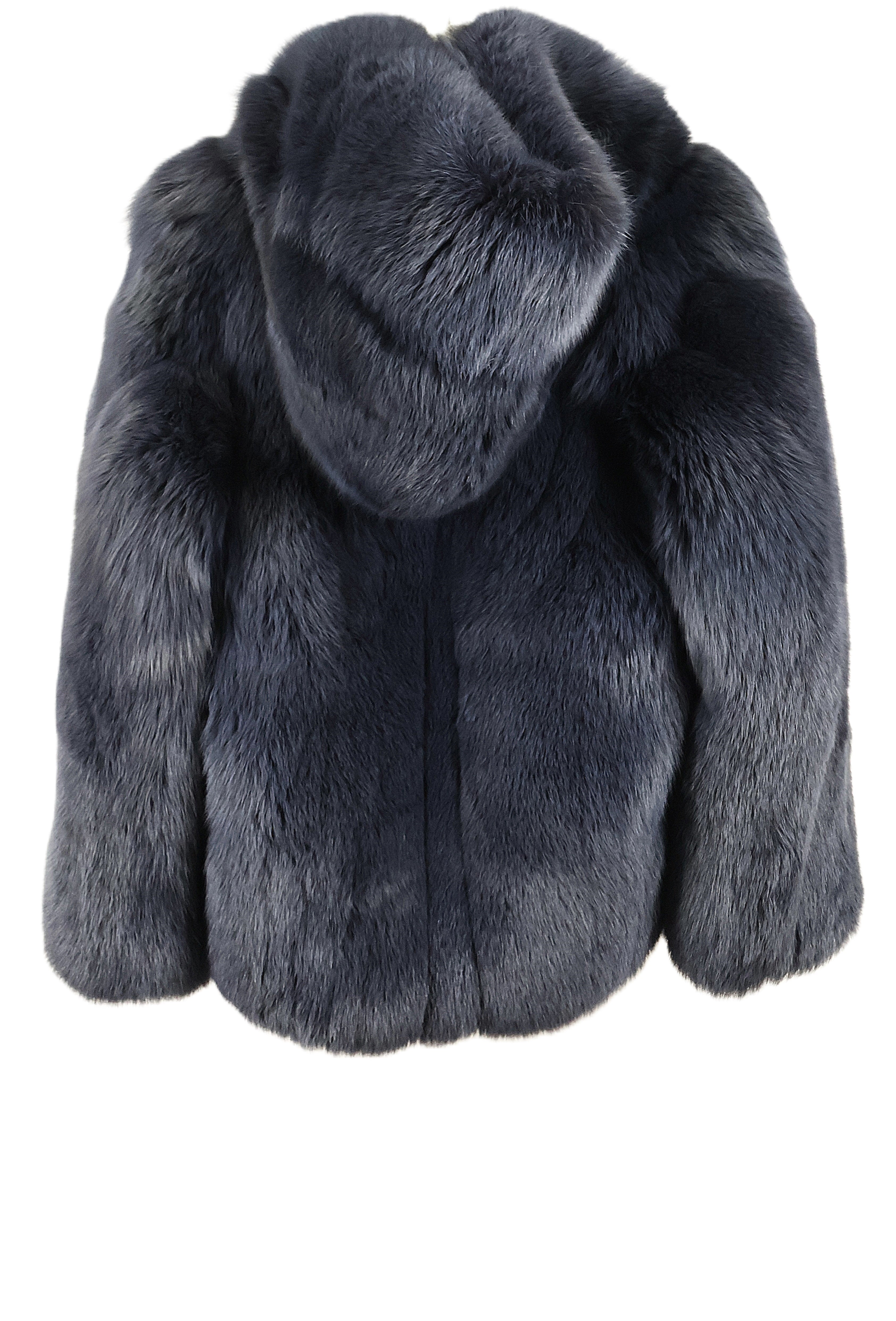 PRE-OWNED BLUE DYED FOX HOODED BOMBER JACKET W/ ZIPPER CLOSURE