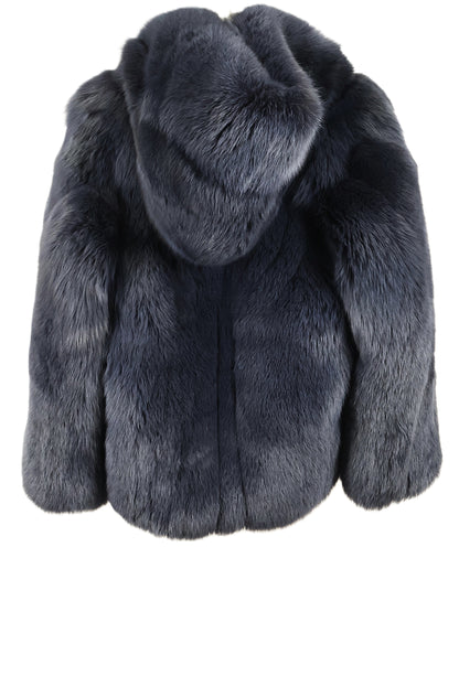 PRE-OWNED BLUE DYED FOX HOODED BOMBER JACKET W/ ZIPPER CLOSURE