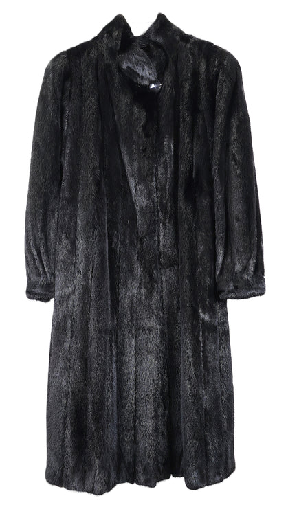 PRE-OWNED BLACK MINK COAT W/ STAND COLLAR & BRACELET CUFFS