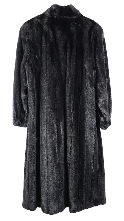 PRE-OWNED BLACK MINK COAT W/ STAND COLLAR & BRACELET CUFFS