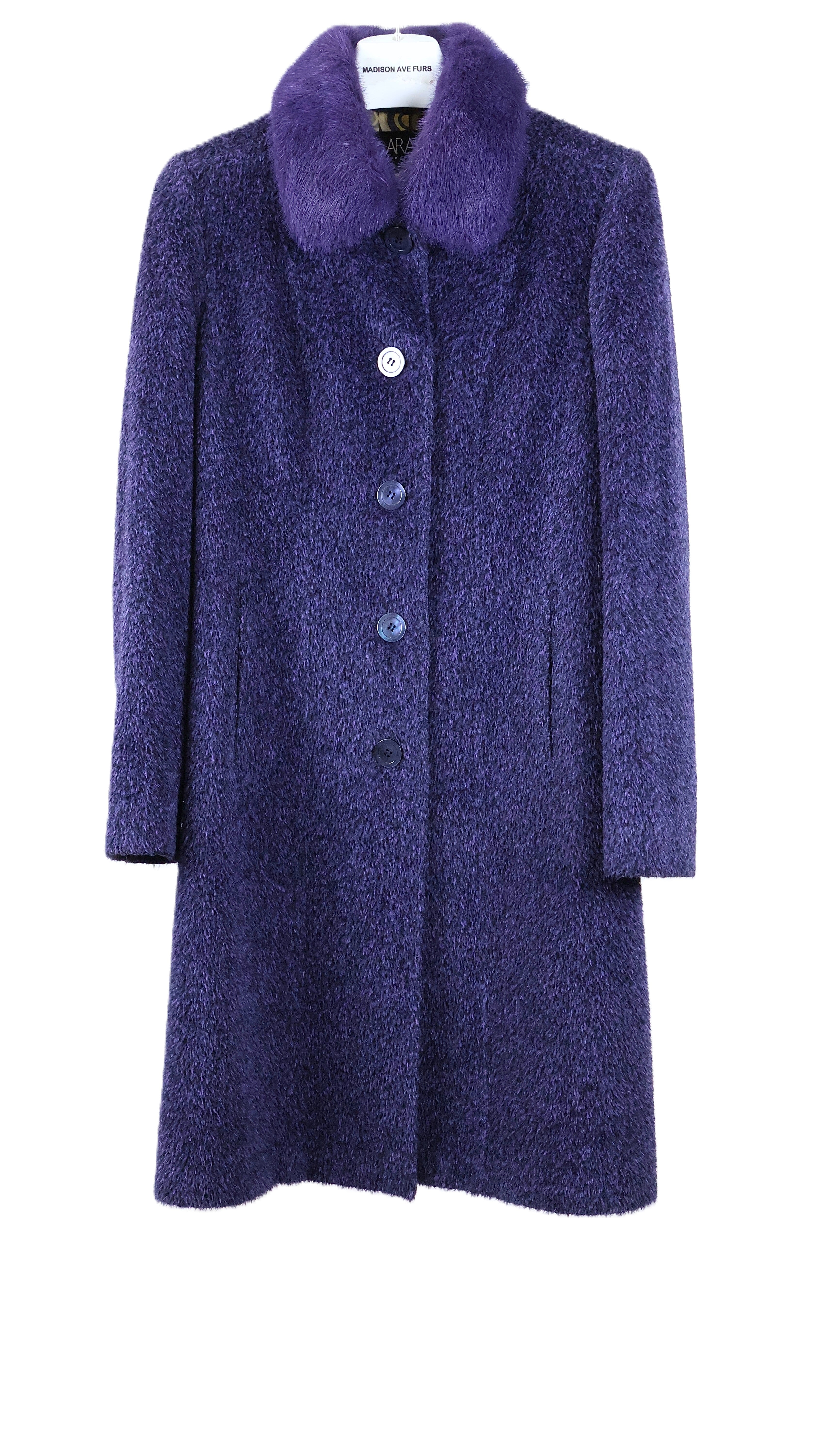 PRE-OWNED PURPLE DYED ALPACA/WOOL 7/8 COAT W/ PURPLE MINK WING COLLAR & STRAIGHT SLEEVES