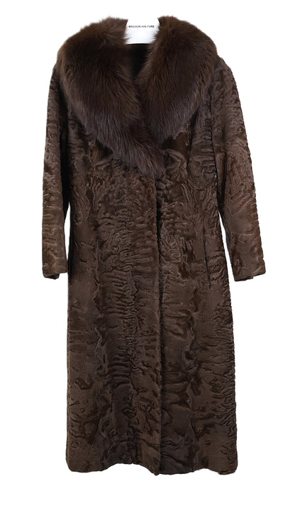 PRE-OWNED BROWN SWAKARA LAMB COAT W/ BROWN FOX PORTRAIT COLLAR & STRAIGHT SLEEVES