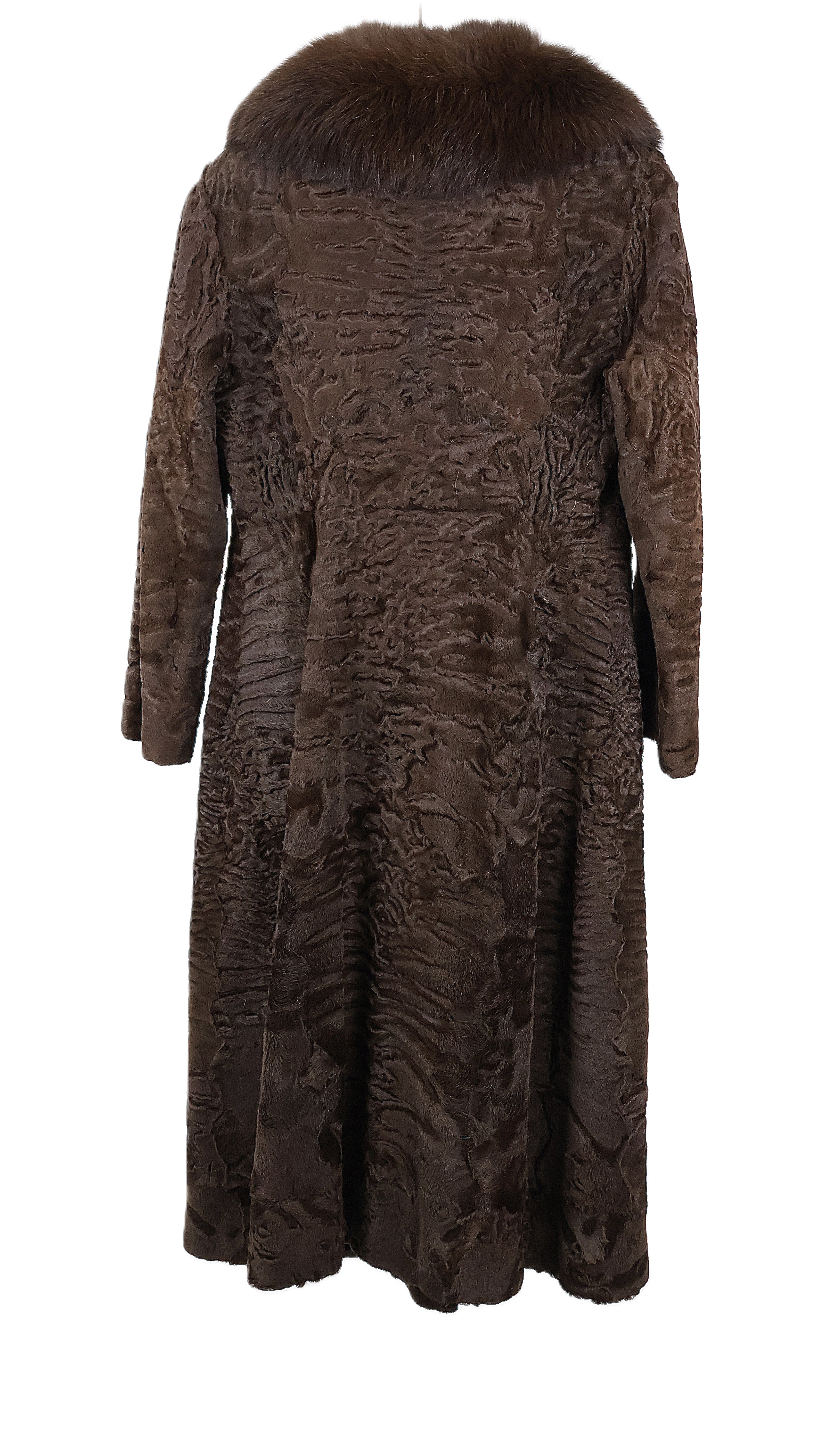 PRE-OWNED BROWN SWAKARA LAMB COAT W/ BROWN FOX PORTRAIT COLLAR & STRAIGHT SLEEVES