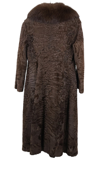 PRE-OWNED BROWN SWAKARA LAMB COAT W/ BROWN FOX PORTRAIT COLLAR & STRAIGHT SLEEVES