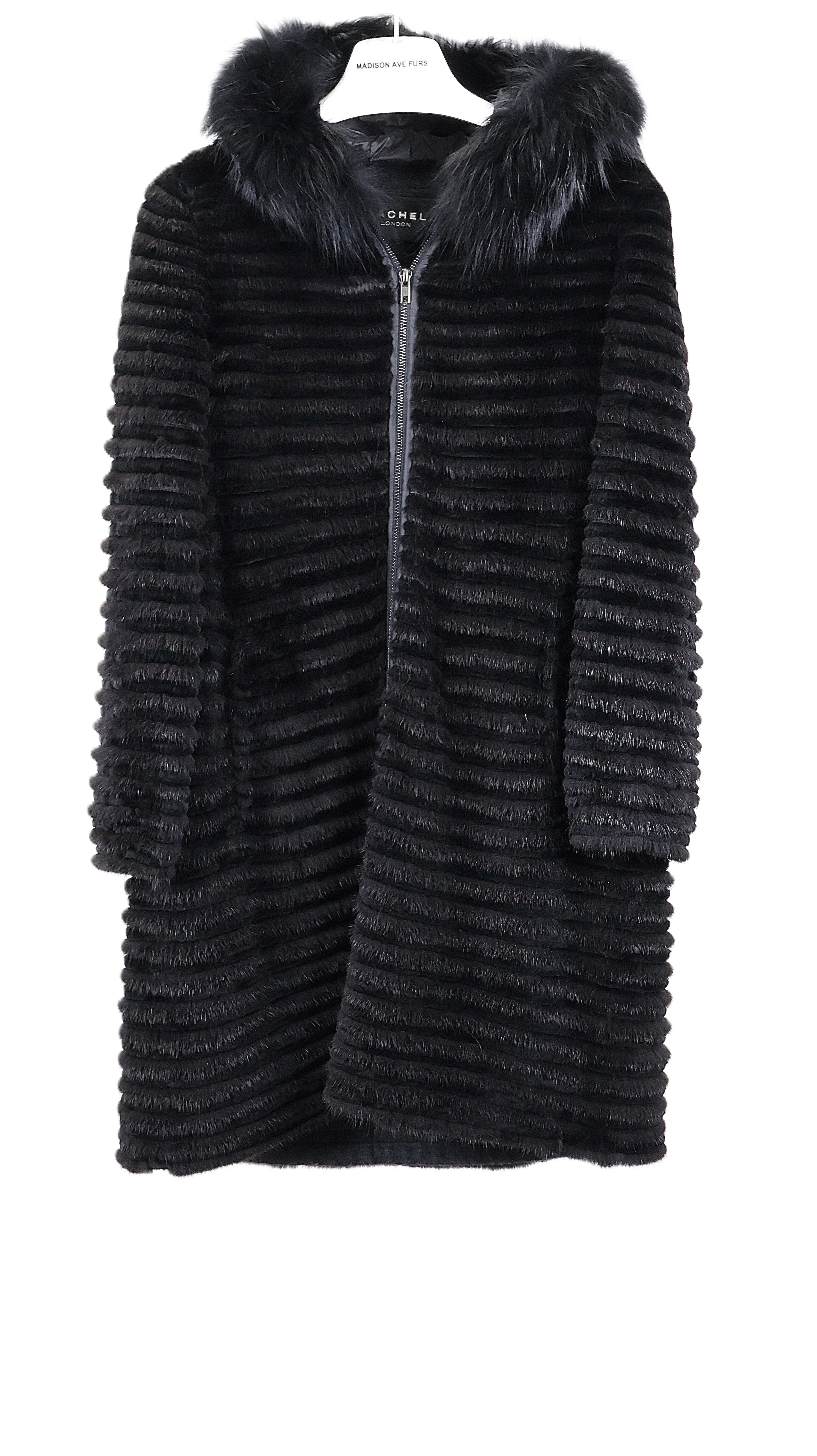 NEW BLACK MINK & REX FEATHERED HORIZONTAL ZIPPERED STROLLER W/ FOX TRIMMED PUFFER HOOD & CASHMERE LINING