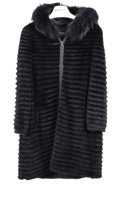 NEW BLACK MINK & REX FEATHERED HORIZONTAL ZIPPERED STROLLER W/ FOX TRIMMED PUFFER HOOD & CASHMERE LINING