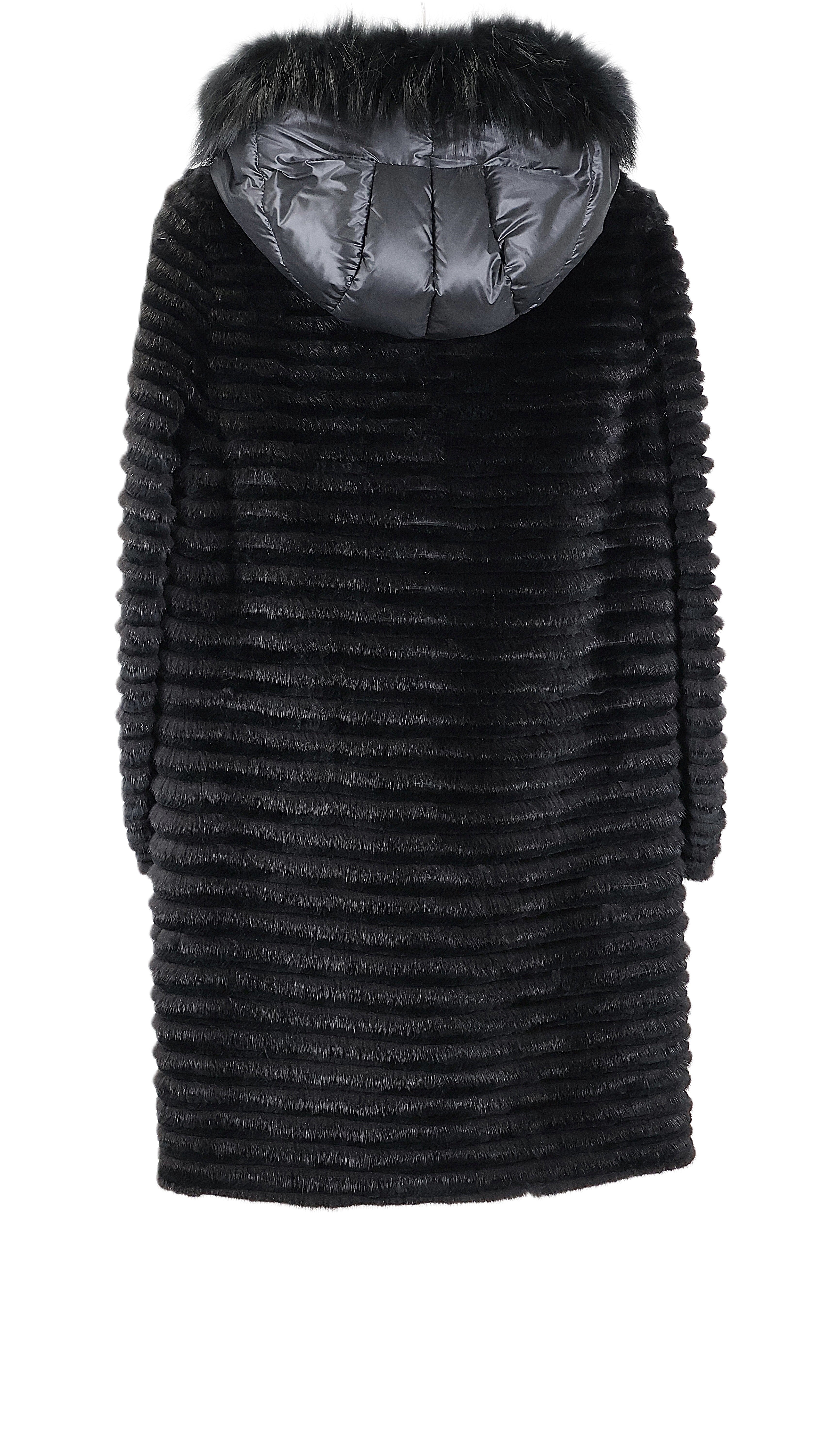 NEW BLACK MINK & REX FEATHERED HORIZONTAL ZIPPERED STROLLER W/ FOX TRIMMED PUFFER HOOD & CASHMERE LINING