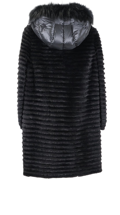 NEW BLACK MINK & REX FEATHERED HORIZONTAL ZIPPERED STROLLER W/ FOX TRIMMED PUFFER HOOD & CASHMERE LINING