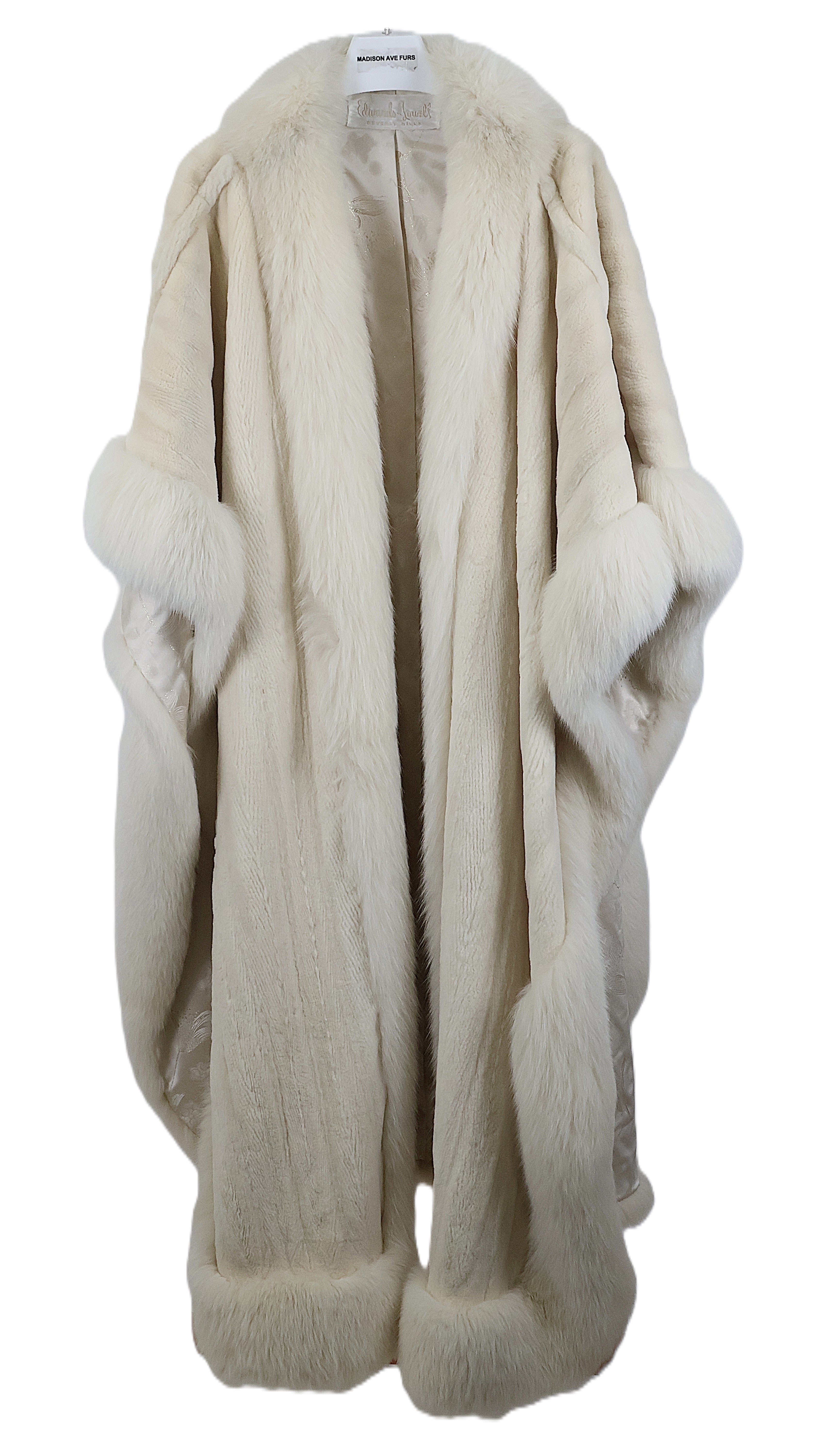 PRE-OWNED NATURAL WHITE SHEARED MINK & FOX TRIMMED OVERSIZED CAPE