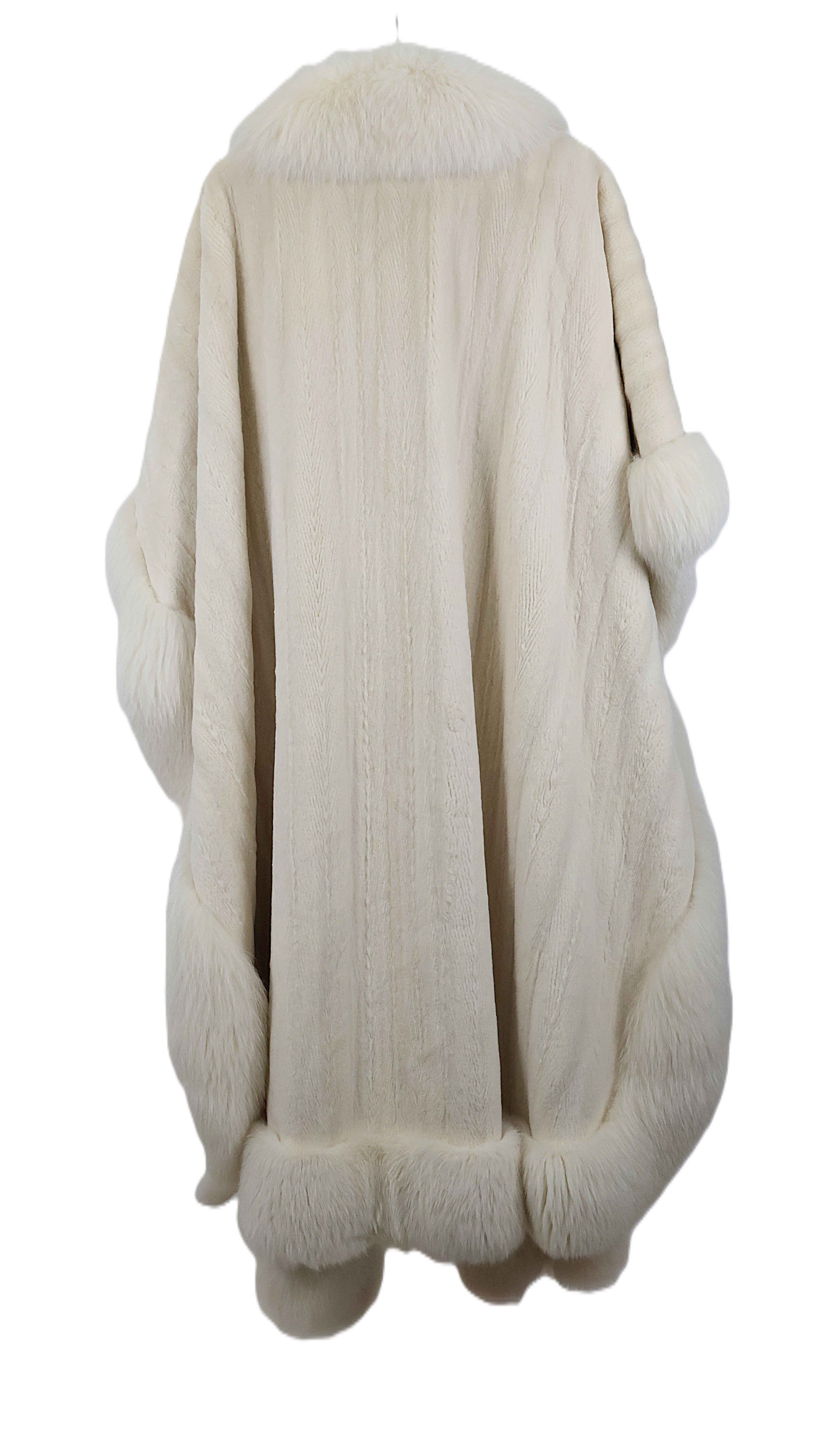 PRE-OWNED NATURAL WHITE SHEARED MINK & FOX TRIMMED OVERSIZED CAPE