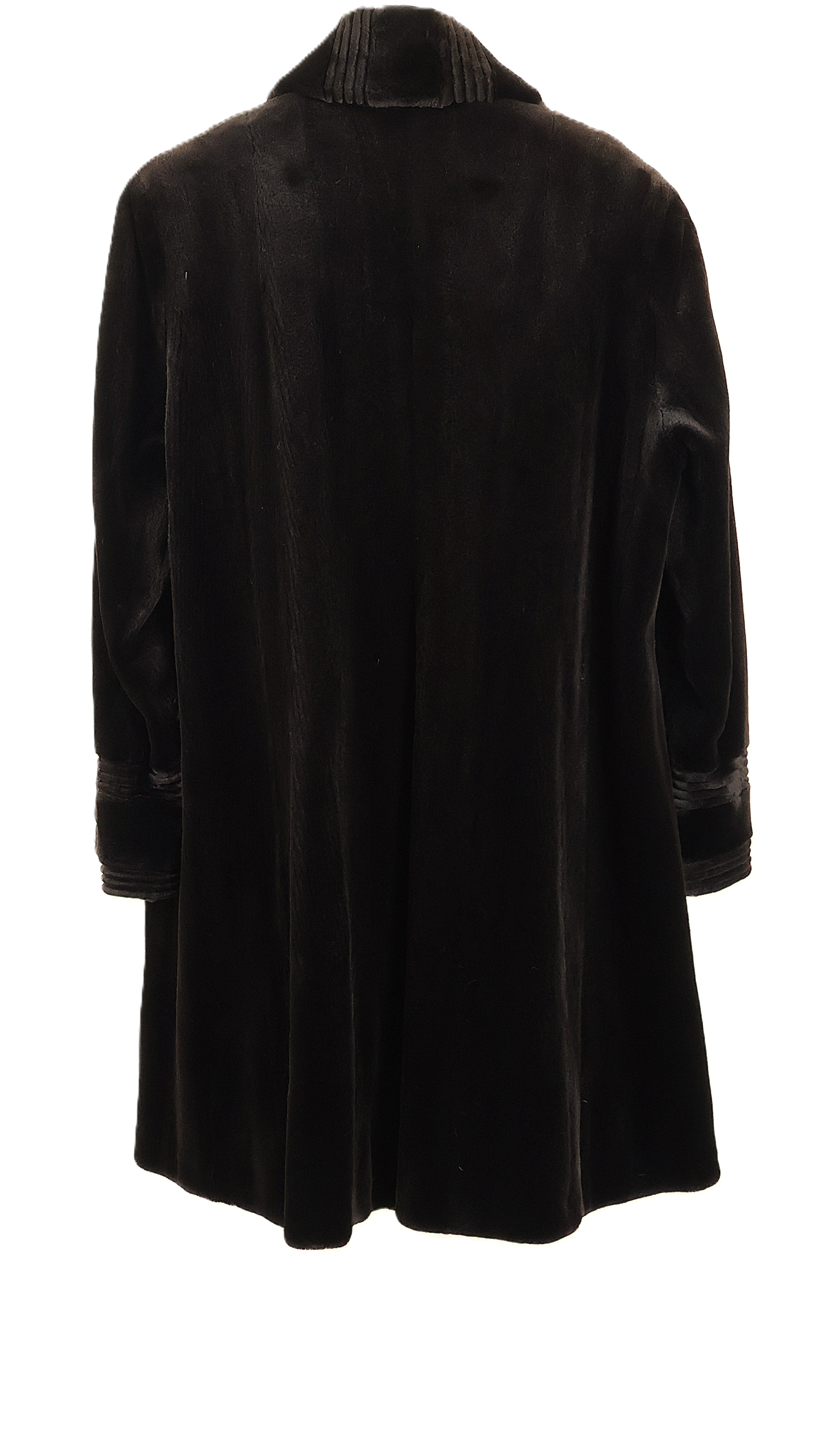 PRE-OWNED MATARA DYED SHEARED MINK STROLLER W/SHAWL COLLAR & LASER CUT CUFFS & FRONT EDGES