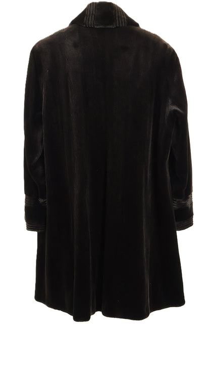 PRE-OWNED MATARA DYED SHEARED MINK STROLLER W/SHAWL COLLAR & LASER CUT CUFFS & FRONT EDGES