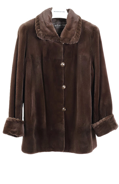 PRE-OWNED BROWN DYED SHEARED MINK 3/4 JACKET W/ WING COLLAR, TURN BACK CUFFS & GROOVED EDGE ON COLLAR & CUFFS
