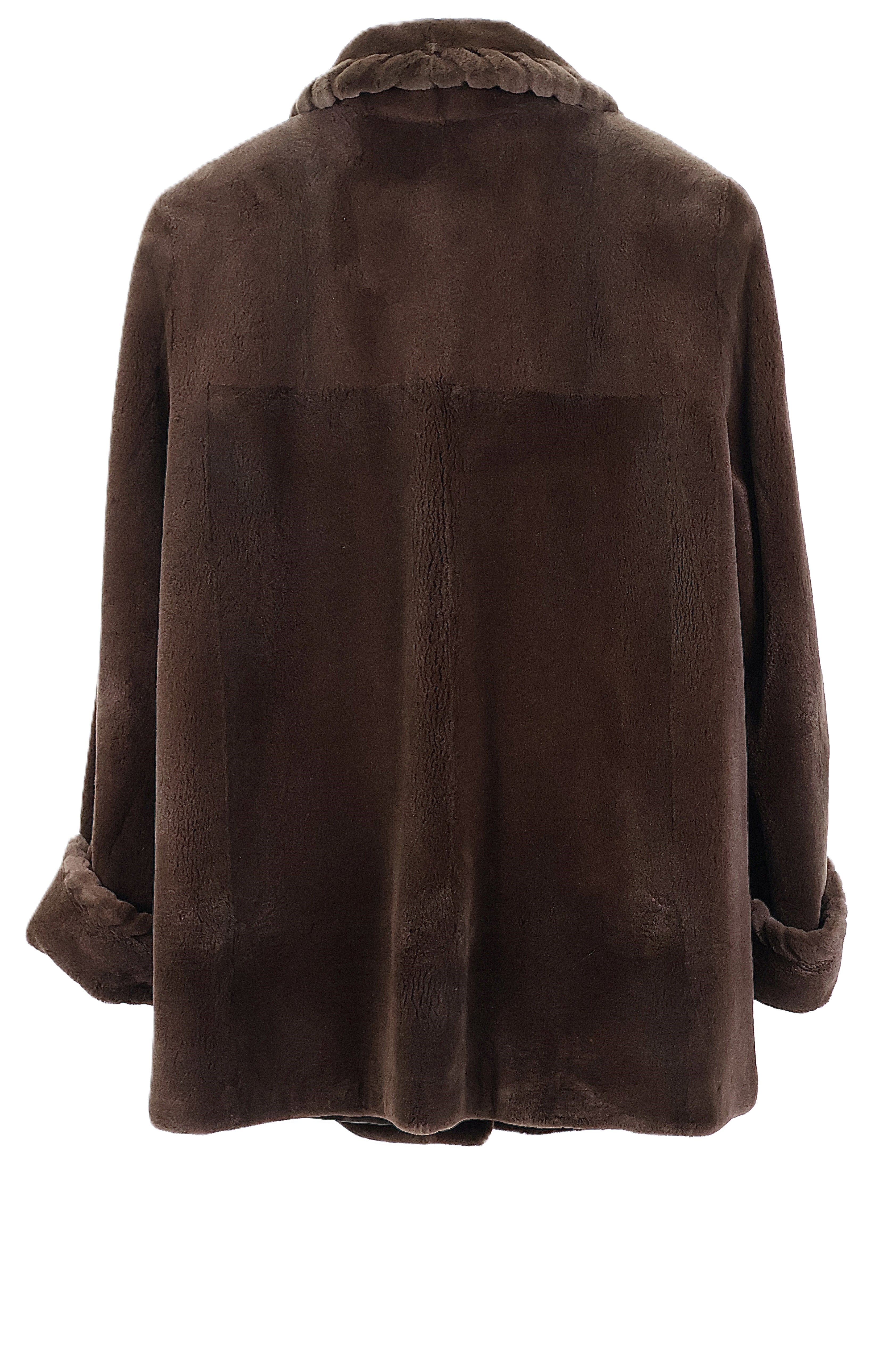 PRE-OWNED BROWN DYED SHEARED MINK 3/4 JACKET W/ WING COLLAR, TURN BACK CUFFS & GROOVED EDGE ON COLLAR & CUFFS