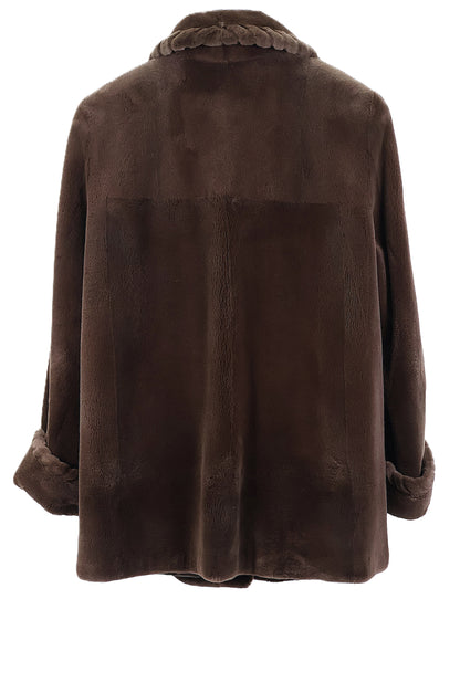 PRE-OWNED BROWN DYED SHEARED MINK 3/4 JACKET W/ WING COLLAR, TURN BACK CUFFS & GROOVED EDGE ON COLLAR & CUFFS