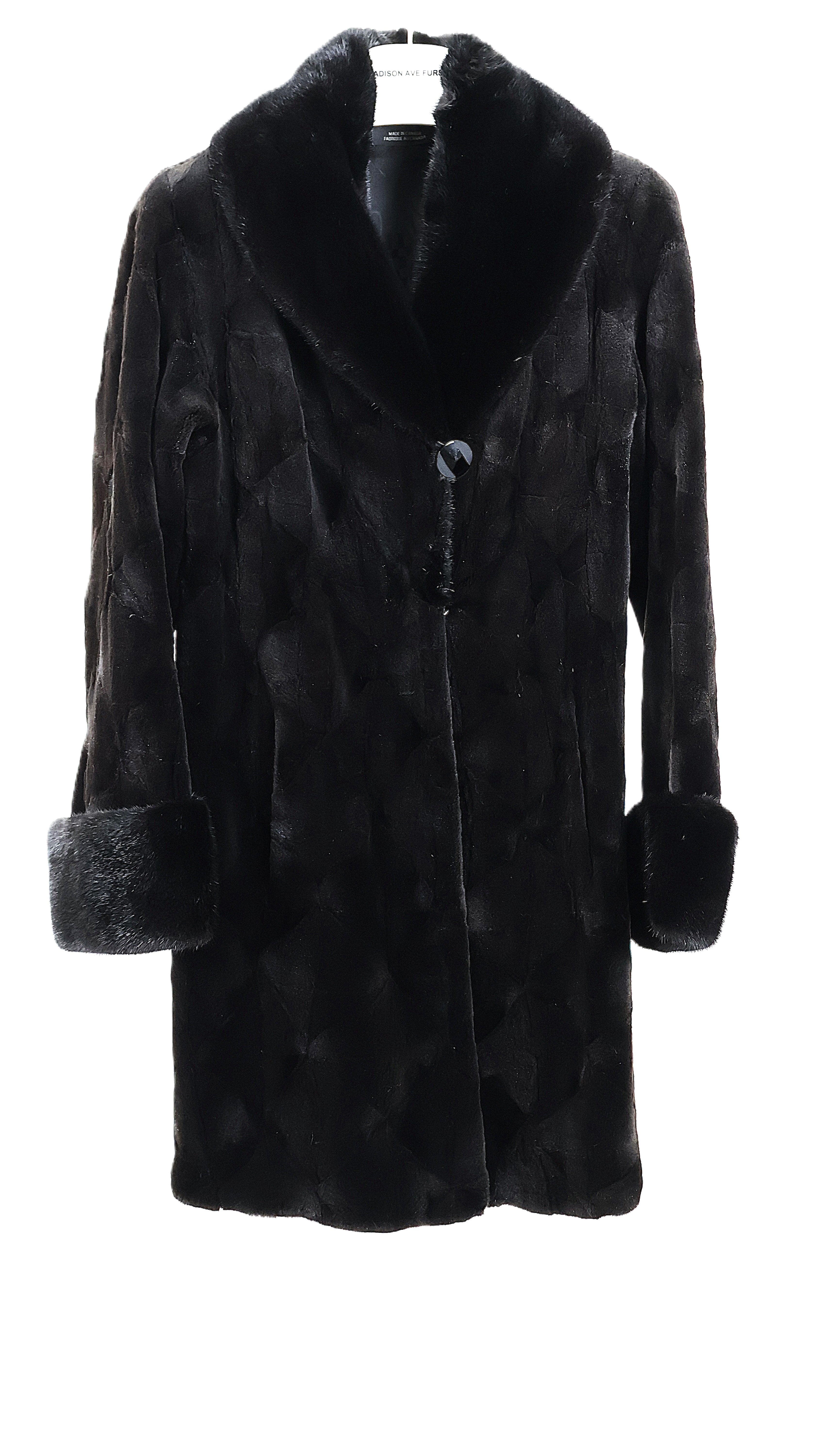 PRE-OWNED BLACK SHEARED MINK SECTION STROLLER W/ LONG HAIR MINK SHAWL COLLAR & TURN BACK CUFFS