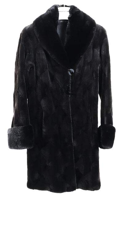 PRE-OWNED BLACK SHEARED MINK SECTION STROLLER W/ LONG HAIR MINK SHAWL COLLAR & TURN BACK CUFFS