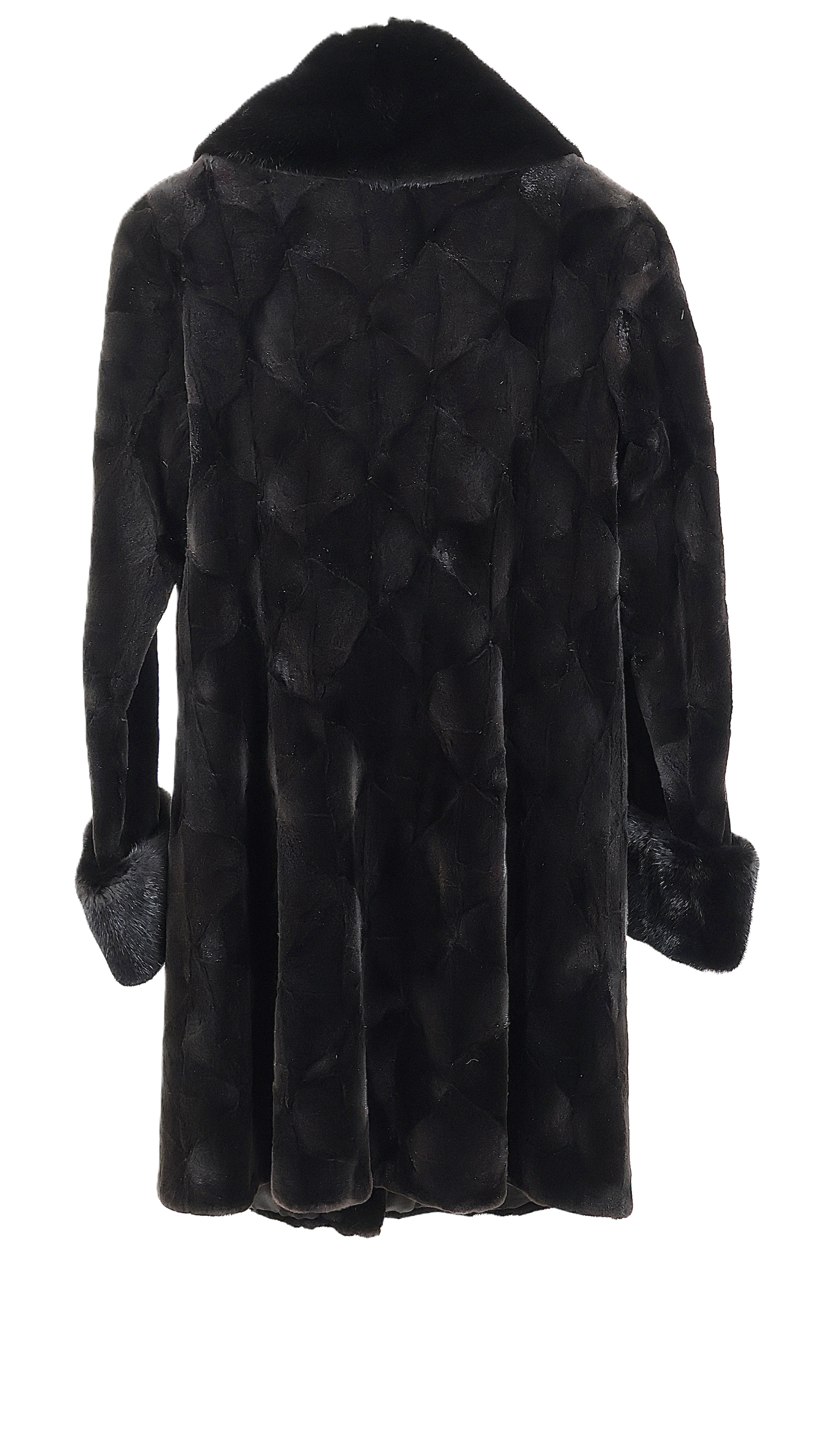 PRE-OWNED BLACK SHEARED MINK SECTION STROLLER W/ LONG HAIR MINK SHAWL COLLAR & TURN BACK CUFFS