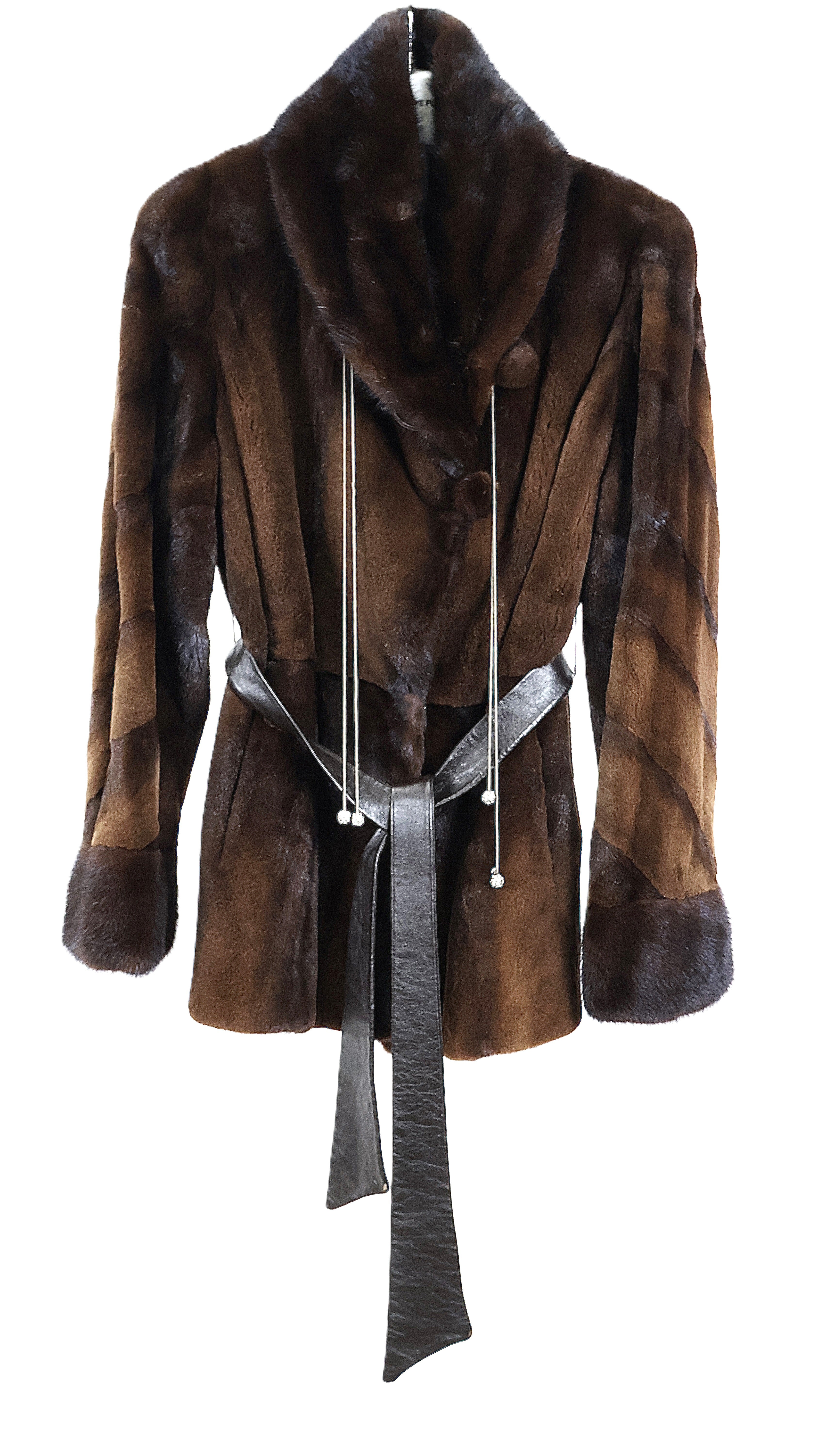 PRE-OWNED MAHOGANY SEMI SHEARED MINK JACKET W/LONG HAIR SHAWL COLLAR & CUFFS, DIAGONAL SLEEVES & DRAWSTRING AT COLLAR