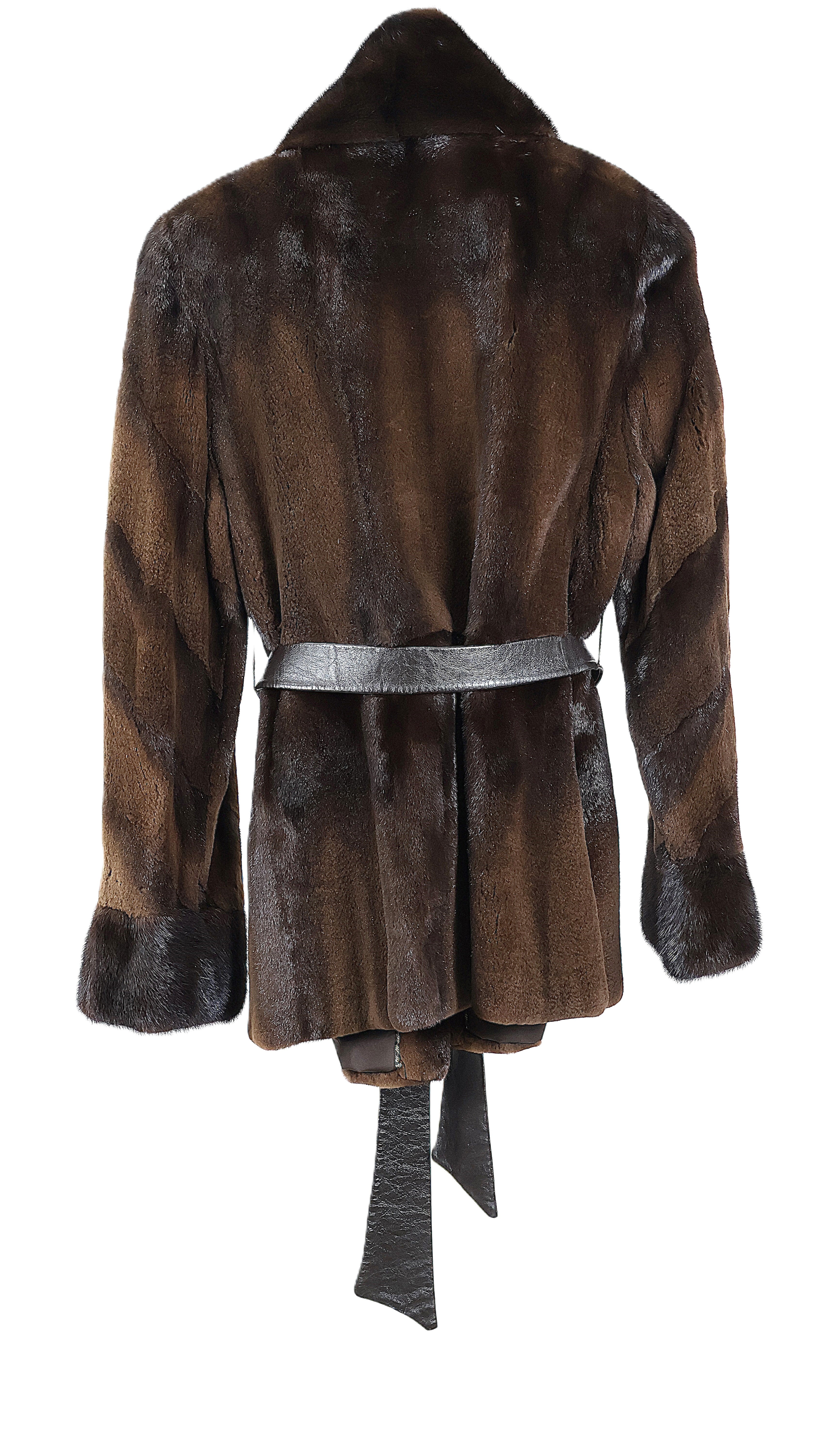 PRE-OWNED MAHOGANY SEMI SHEARED MINK JACKET W/LONG HAIR SHAWL COLLAR & CUFFS, DIAGONAL SLEEVES & DRAWSTRING AT COLLAR