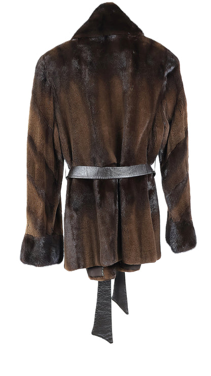 PRE-OWNED MAHOGANY SEMI SHEARED MINK JACKET W/LONG HAIR SHAWL COLLAR & CUFFS, DIAGONAL SLEEVES & DRAWSTRING AT COLLAR