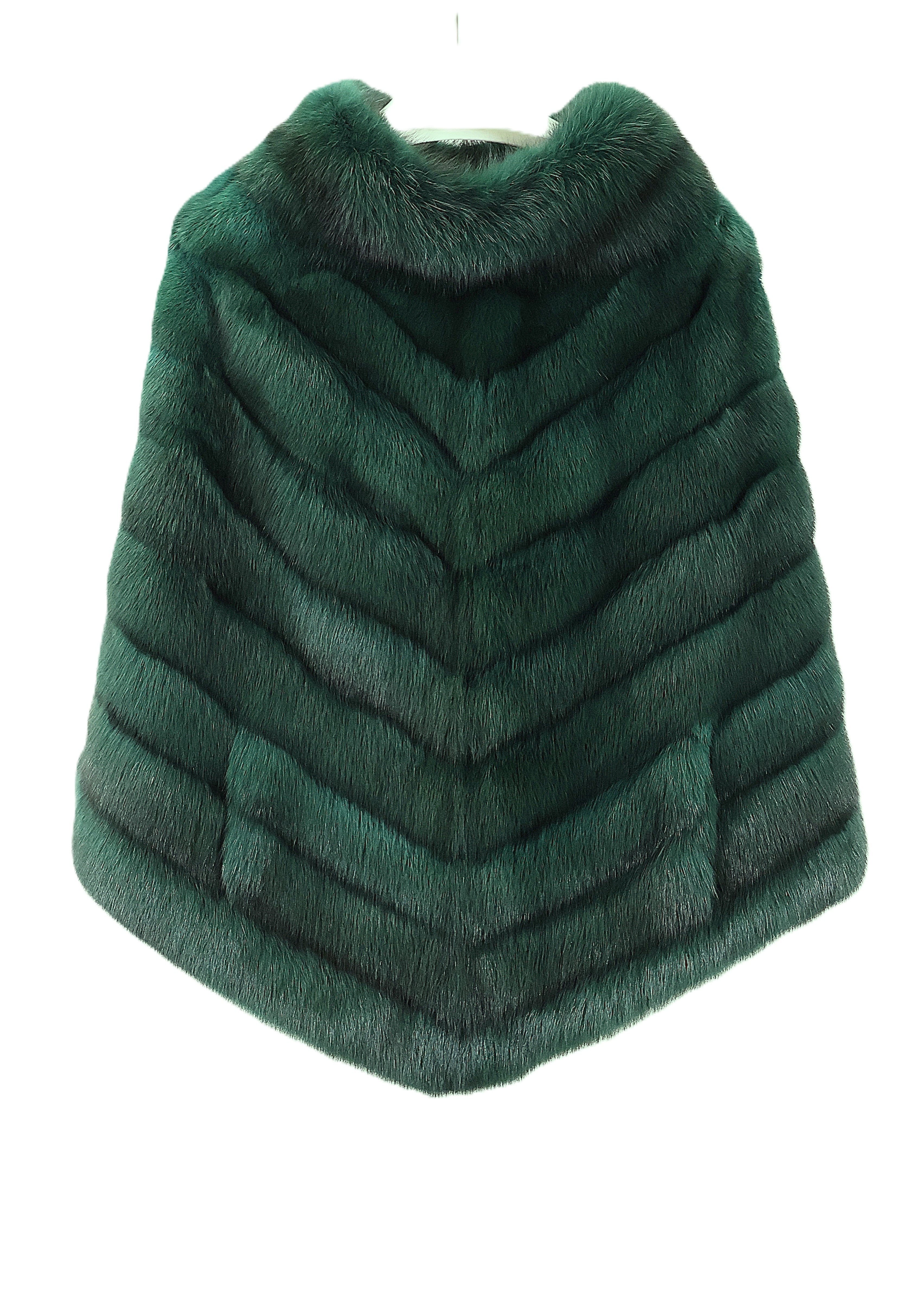 PRE-OWNED BISANG EMERALD GREEN DYRD RUSSIAN SABLE CHECRON PONCHO W/ SIDE SLITS