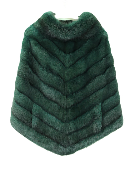 PRE-OWNED BISANG EMERALD GREEN DYRD RUSSIAN SABLE CHECRON PONCHO W/ SIDE SLITS