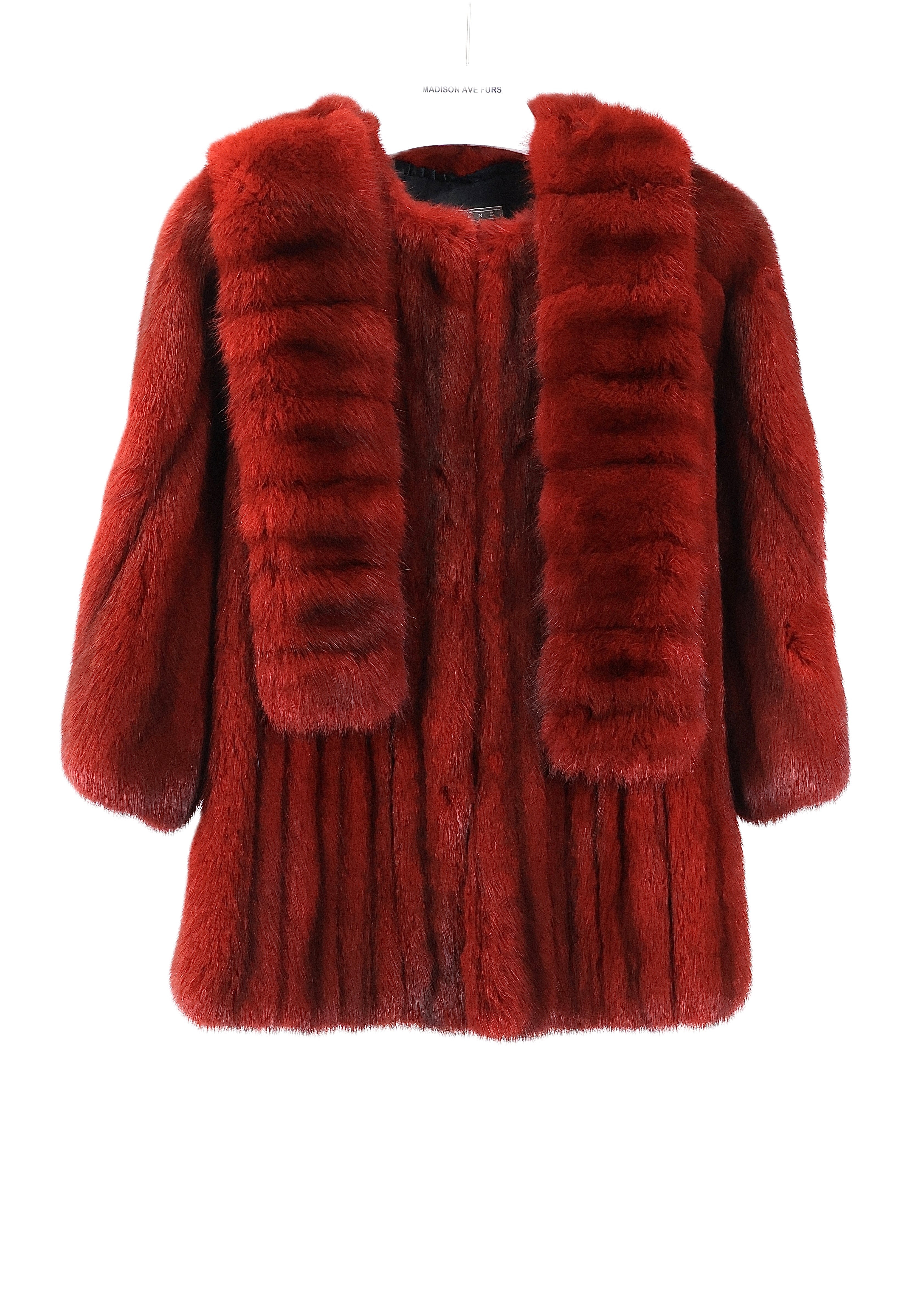 PRE-OWNED BISANG RUBY RED RUSSIAN SABLE COLLARLESS JACKET W/ SCARF STRAIGHT SLEEVES W/ SLITS