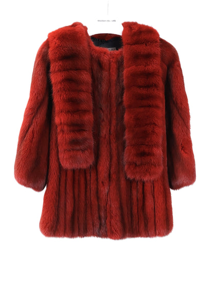 PRE-OWNED BISANG RUBY RED RUSSIAN SABLE COLLARLESS JACKET W/ SCARF STRAIGHT SLEEVES W/ SLITS