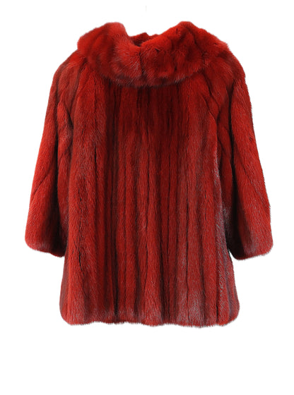 PRE-OWNED BISANG RUBY RED RUSSIAN SABLE COLLARLESS JACKET W/ SCARF STRAIGHT SLEEVES W/ SLITS