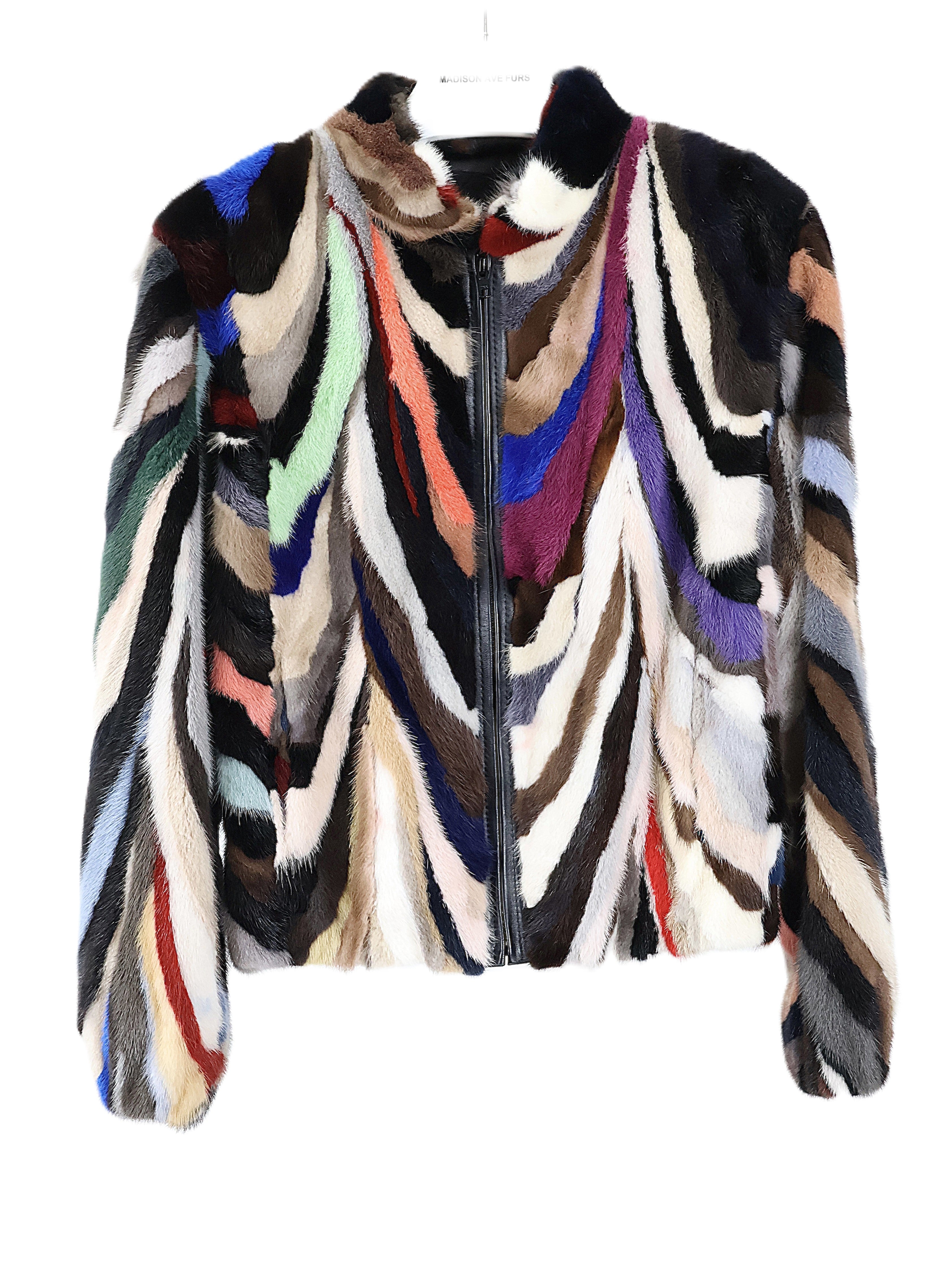 PRE-OWNED DYED MULTICOLORED MINK COLLARLESS MINK JACKET W/ELASTIC SLEEVE FINISH & LEATHER TRIM ZIPPER